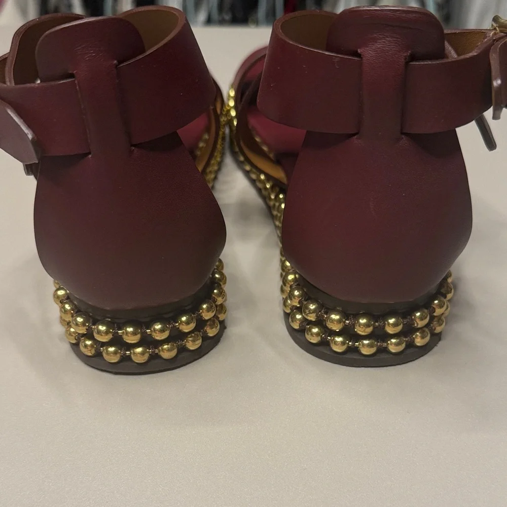 Chloé Burgundy Crisscross Leather Platform Sandals with Gold Bead Trim - Picture 6 of 12